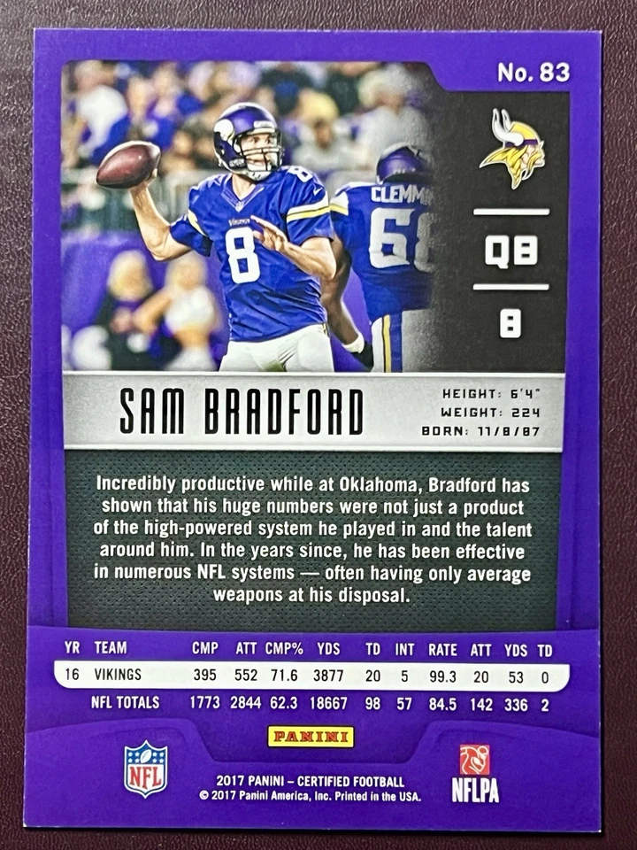 2017 Panini Certified Sam Bradford #83 Mirror /499 Minnesota Vikings - Image 3 of 3