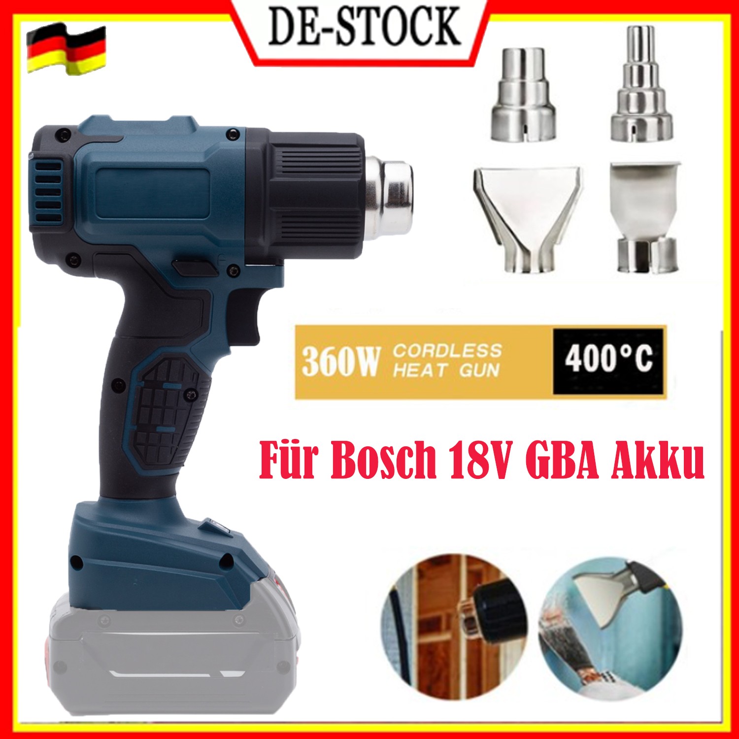 360W Heißluftpistole für Bosch 18V GBA Akku Schnelles Aufheizen mit 4 Düsen 400