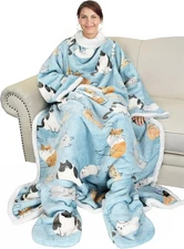 Sherpa Wearable Blanket with Sleeves & Foot Pockets for Women,Throw Blanket Robe