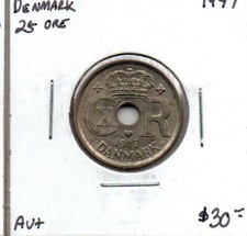 Denmark 25 Ore 1947 AU+