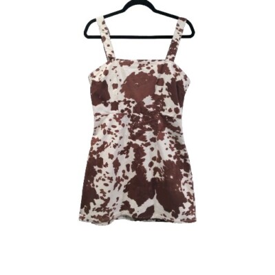 cow print dress brown Ivory Cow Print Back Buckle Mini Denim Dress main image 1