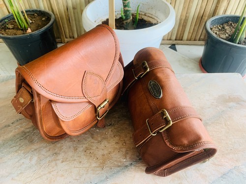 Genuine Leather Vintage Motorcycle 2 Strap Buckle Closure Tool Roll Bag Free Bag - Picture 3 of 7