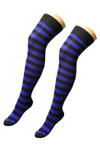 LADIES STRIPE SOCKS OVER THE KNEE THIGH HIGH SOCKS 4-7 BLACK WHITE RED BLUE PINK - Picture 14 of 16
