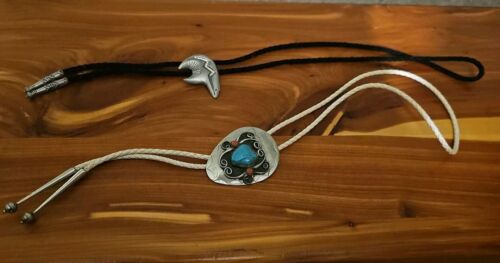 🔥2 Vintage Sterling Silver Bolo Tie Turquoise,Red Coral Navajo Indian southwest
