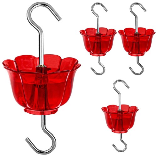 Stylish Hummingbird Feeder Ant Moat - 4 Pack Red Flower Shape, Easy to Clean