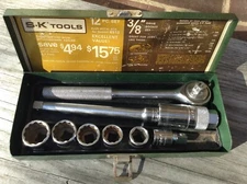 Vintage US S-K Wayne SAE sockets & metal box +Thorsen Taiwan 3/8" drive ratchet