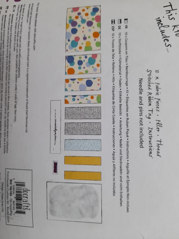 Docraft Rold Dahl Patchwork Cushion Kit BNIB With RD Fabric and Stitched Ribbon - Image 3 of 4