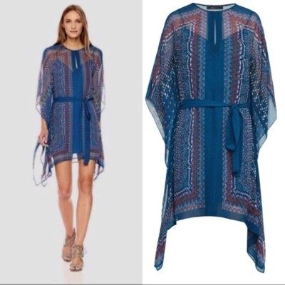 NWT BCBG MAXAZRIA INESA  DRAPER SCARF PRINTED ASYMETRICAL  DRESS  SIZE XS  $230