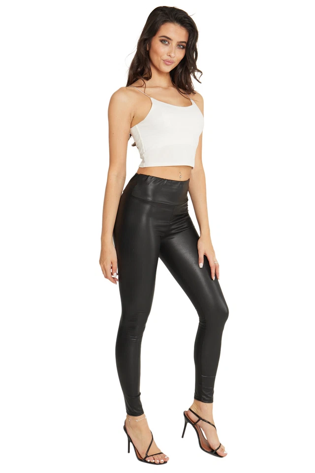WOMEN Wet Look highwaist PU PVC Shiny Paper Faux Leather Look Trousers Leggings - Image 4 of 4