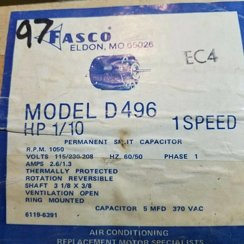 Fasco D496 1/10 HP 115-230-208 V 2.6/1.3 AMPS 60/50 HZ 1050 RPM  PHASE 1