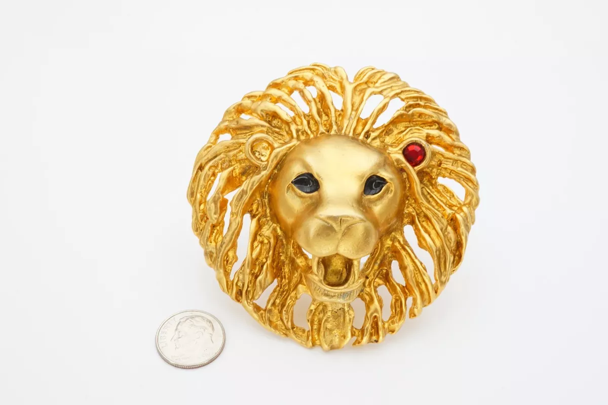 Vintage Lion Head Brooch Pin Gold Tone Rhinestone Enamel Statement