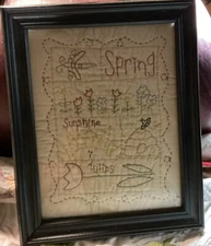 Primitive  Spring Sunshine And Tulips Embroidery Framed 13x10 1/4 