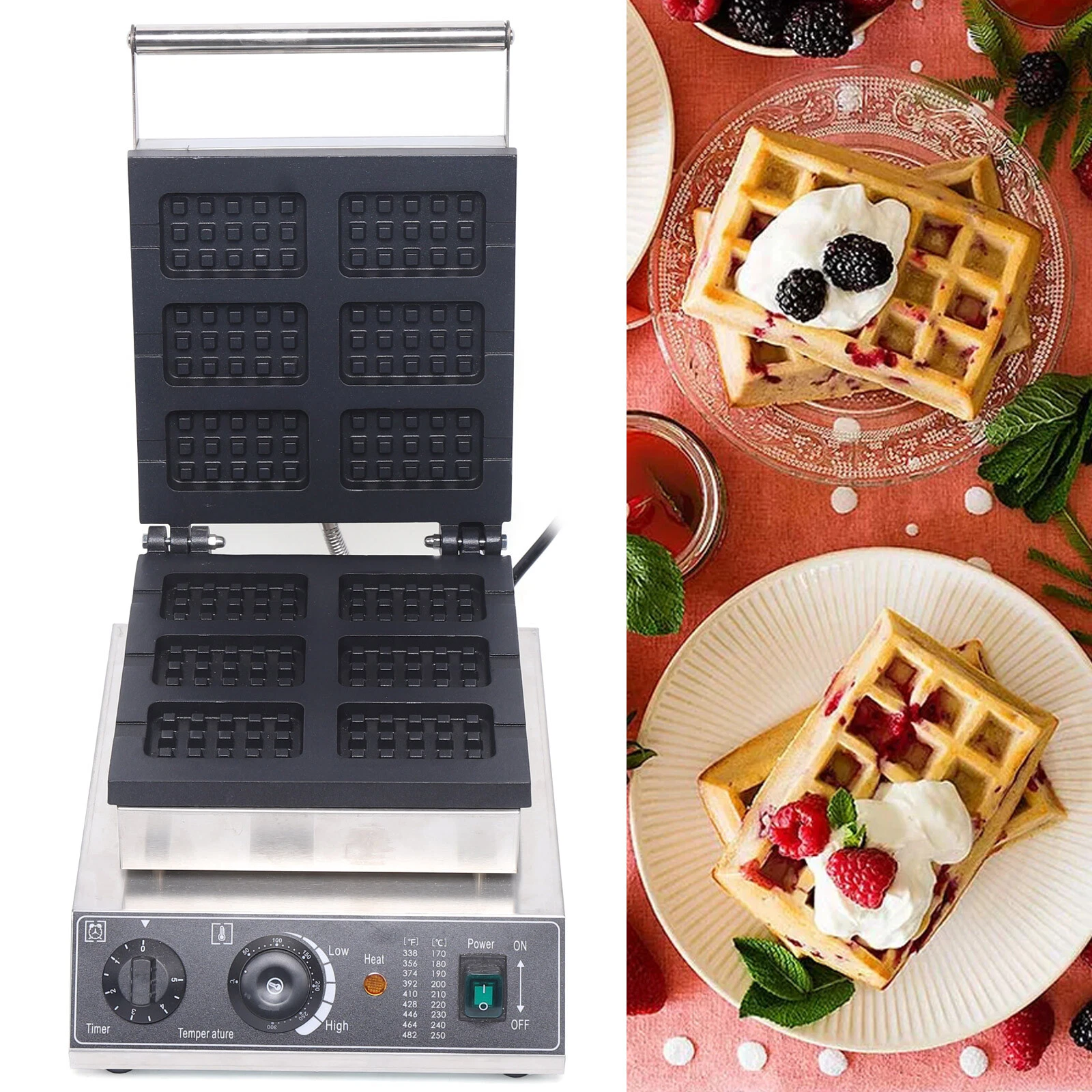Commercial Electric Nonstick 1500W 6-Slice Square Waffle Baker Maker Machine HOT