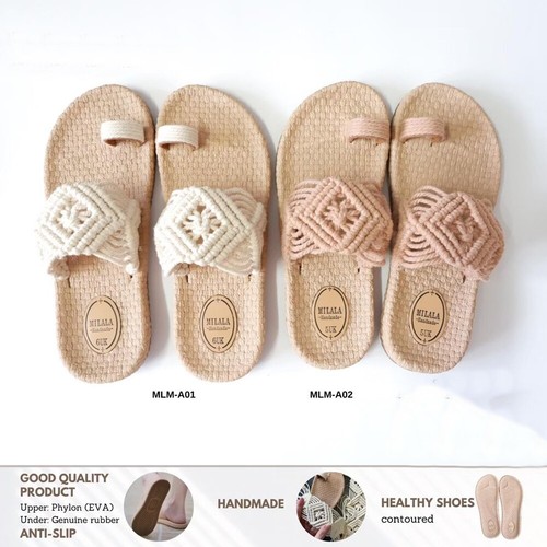 Women's Macrame Sandals Ivory Color Handmade Beach Bohemian Flip Flops Shoes - Picture 5 of 13