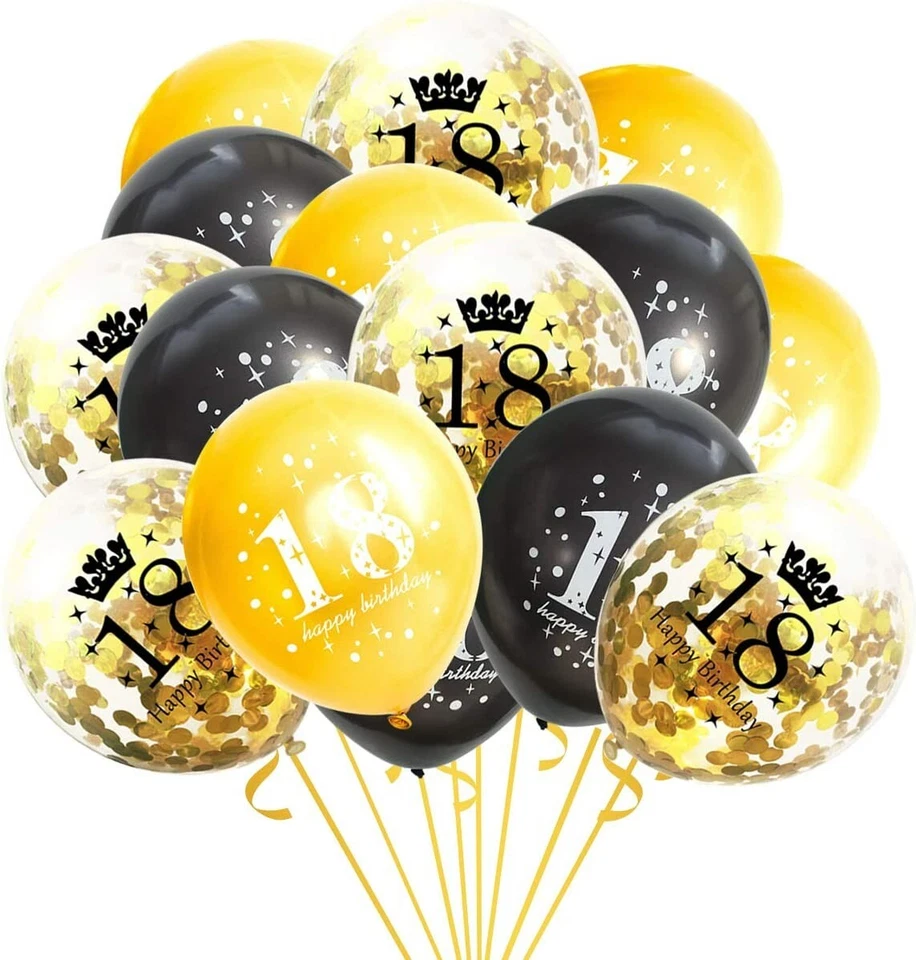 15 x 18th Happy Birthday Black & Gold  Party Age Balloons  Printed Decoration - Image 2 of 3