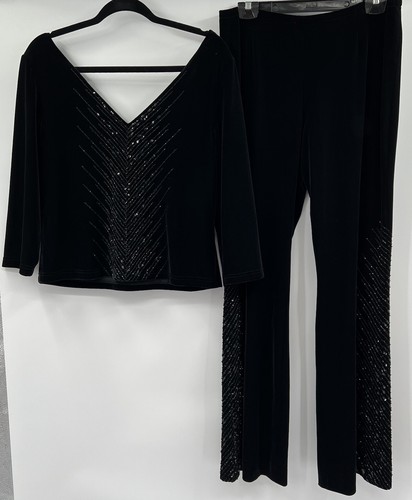 Vintage Adrianna Papell Black Velour Flare Pants Set with Beaded Sequins 12 - Picture 7 of 8