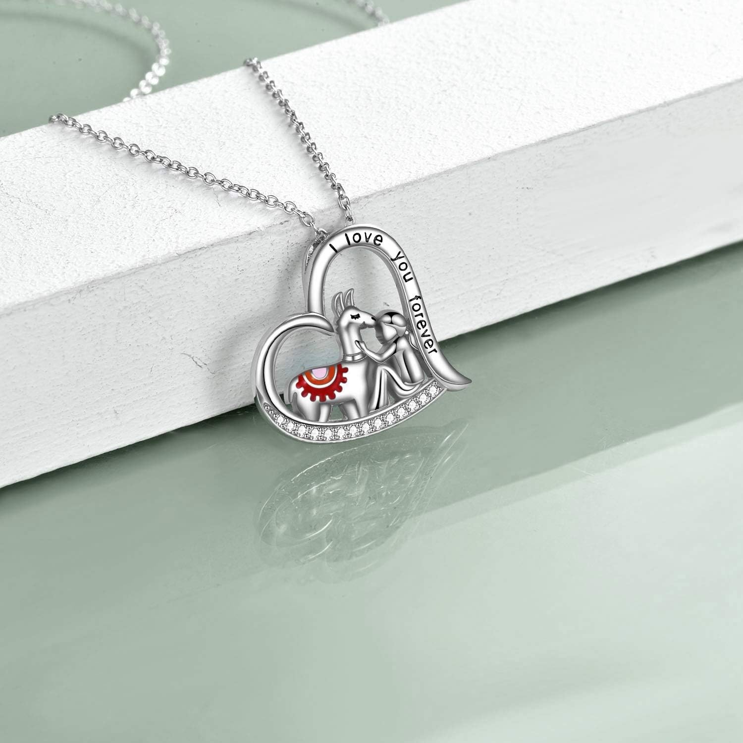 Llama Alpaca Necklace 925 Sterling Silver Forever Love Heart Pendant for Women