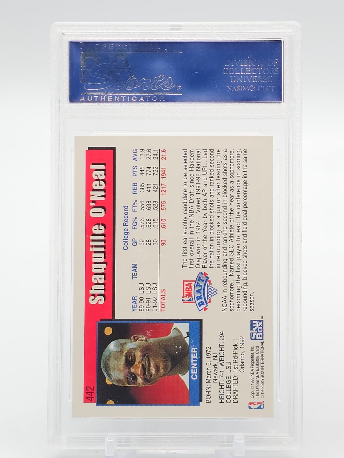 SHAQUILLE O'NEAL 1992-93 SKYBOX NBA HOOPS ROOKIE RC #442 MAGIC PSA 10 Q7713 view 2