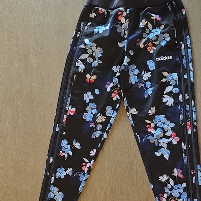 adidas Girls Floral Track Pants Black/Blue M (10/12) Pull-On Side Stripe