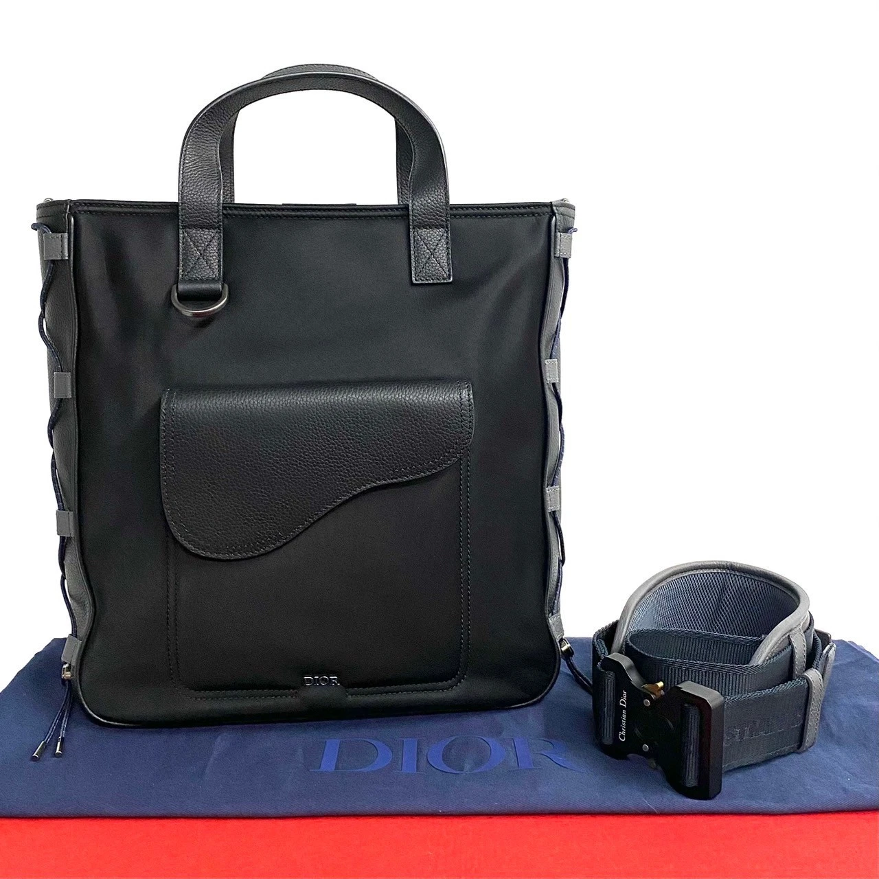 Christian Dior Sacai Sacoche de Selle Nylon Cuir 2 Voies Bandoulière Sac à Main Fourre Tout Noir