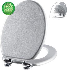 Elongated Toilet Seat Quiet Close Quick Release Molded Wood Silver 18.5