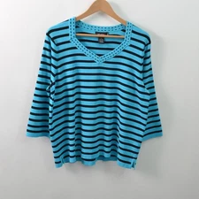 Studio G Top Womens 2X Teal Black Striped V-Neck 3/4 Sleeve Rayon Blend Knit