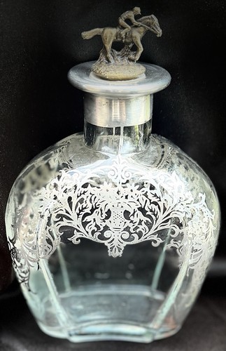 Antique Sterling Silver Overlay Glass Decanter Art Noveau Horse Jockey Stopper