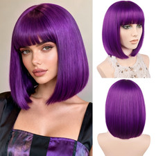 Purple Bob Wig with Bangs for Women Short Straight Bob Wigs 12In Synthetic Cospl