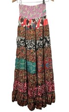 Recycled Silk Blend Floral Patchwork Tiered Ruffle Skirt Free Sz Gypsy Boho