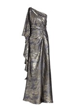Rene Ruiz Collection Stunning Draped One-Shoulder Gown Dress Long Gray Gold, 10