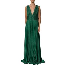 DOLCE & GABBANA Dress Green Plunging V-neck Pleated Gown IT50/US16/3XL 5180usd