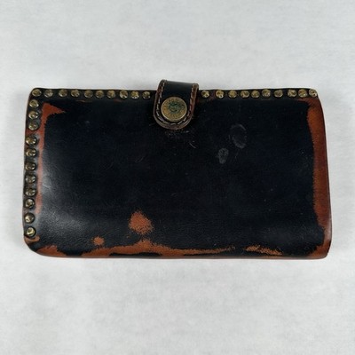 Campomaggi Italy Distressed Leather Studded Long Wallet Clutch Snap Zip Brown
