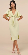 Lulus Light Green Solid V-Neck Tie Cutout Flutter Sleeve Midi Dress M NWT