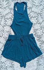 Retro 80s 90s Teal Stripe Backless Racerback Faux Shorts Workout Romper Leotard