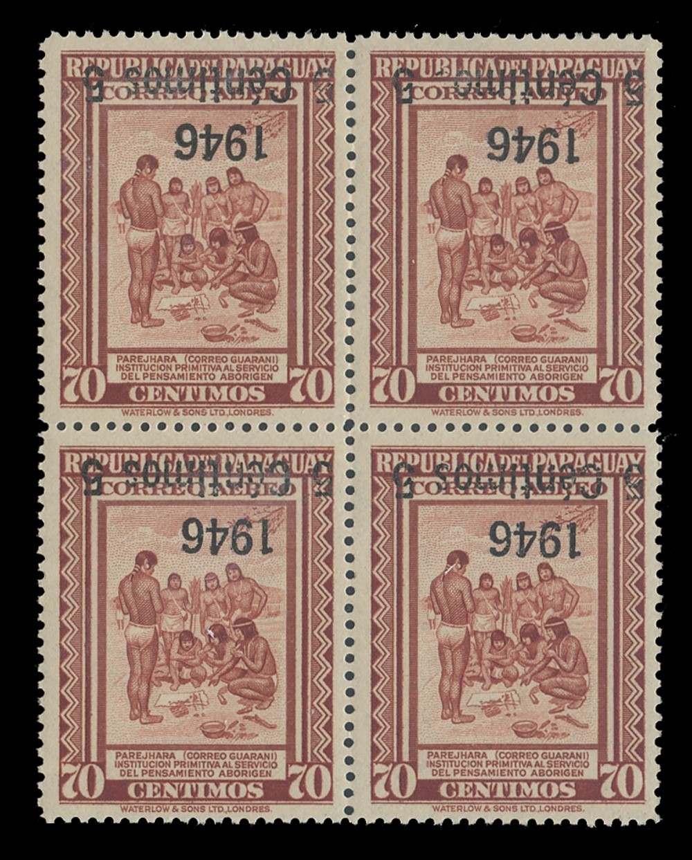 PARAGUAY Sc #C157, 1946 5c on 70c "5 CENTIMOS 5" OVPT INVT AT TOP, BLOCK OF 4