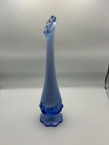 Vintage Fenton Periwinkle Blue Swung Glass Bud Vase Cabbage Rose Pattern