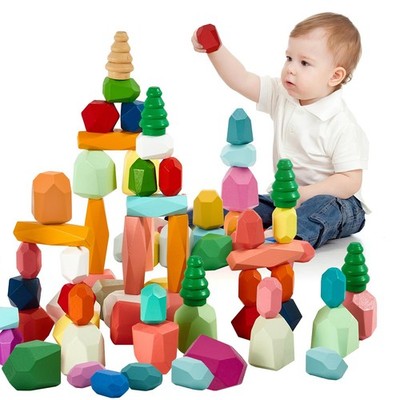 58PCS Montessori Wooden Stacking Rocks Toys Colorful Stacking Stones Building...