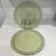 TWO Fire And Light Glass Olive Green 14” Round Moonstone Platter Charger Plates