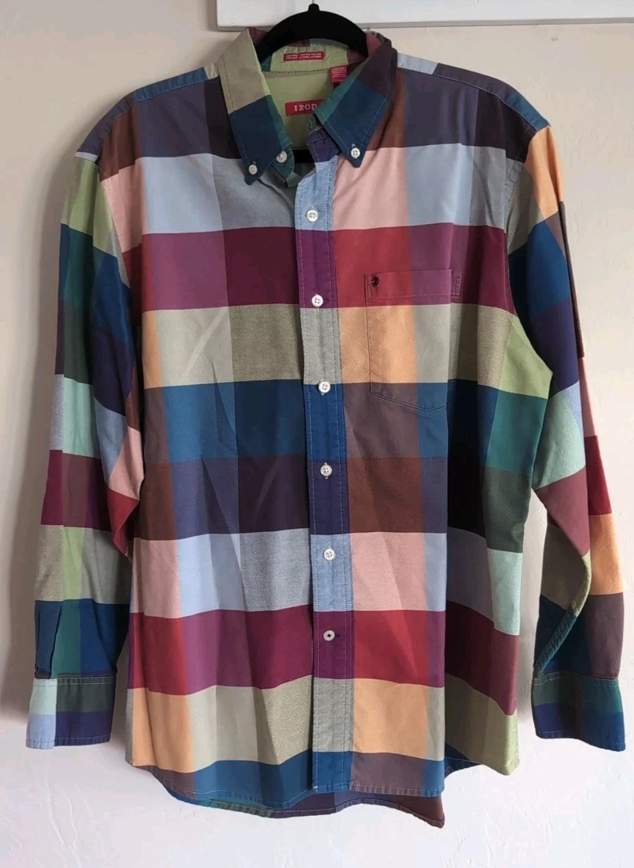 ColorfuIZOD Shirt Mens Large Multicolor Plaid Button Down Natural Stretch Oxford