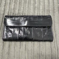 Black Eelskin Leather Wallet Bifold Thin Lightweight Supple Shiny Vintage Korea