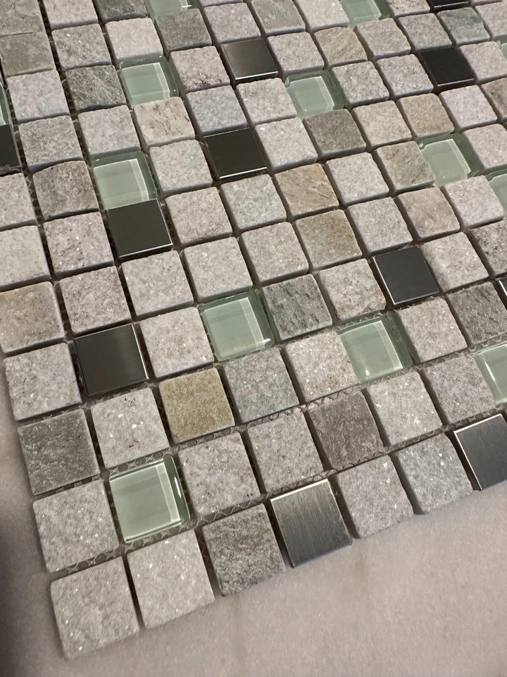 1"x1" Stone, Metallic, and Glass Mix Mosaic Stacked Meshed Mounted - Image 3 of 4