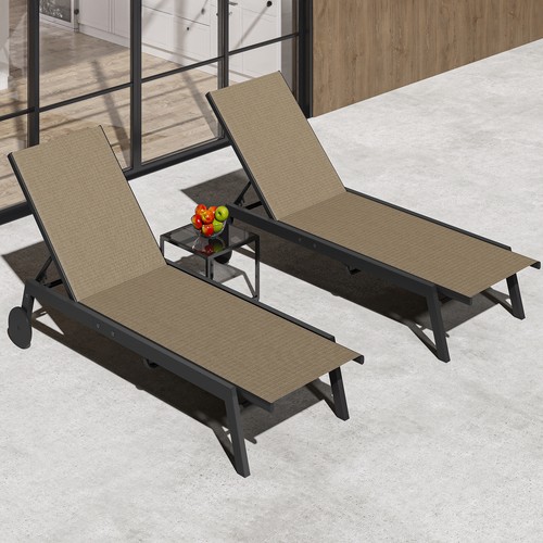 TAUS 3pcs Outdoor Chaise Lounge Chairs Set with Side Table Poolside Recliners