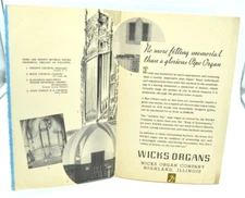 1950's Wicks Organs Sales Brochure for 'Memorial Pipe Organs'  9.5" x 12"