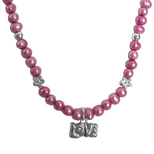 Hot Pink Dyed Cultured Freshwater Pearl Necklace LOVE Pendant Sterling Silver - Picture 1 of 1