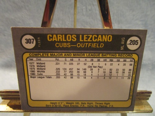 Carlos Lezcano, Outfield, Chicago Cubs, 1981 Fleer Corp #307 - Picture 2 of 2