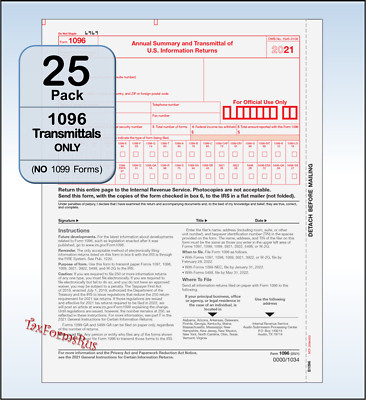 25-pack - 2021 Tax Form 1096 Annual Transmittals ONLY (for 1099-MISC/NEC to IRS)