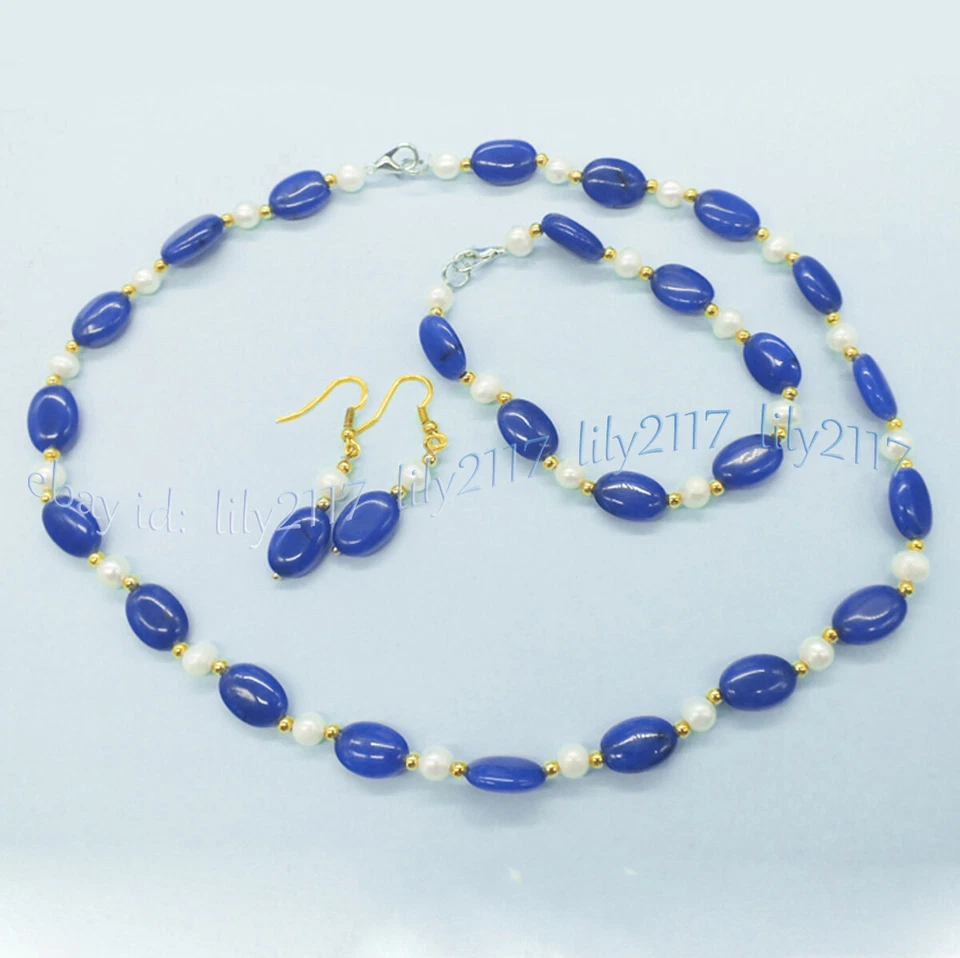 Juego de aretes pulsera collar perlas blancas jade azul natural 13x18 mm 18"" Foto 2 de 4