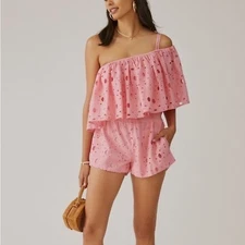 NWT La Fuori x Anthropologie One Shoulder Eyelet Pink Romper Size S Coral Lined
