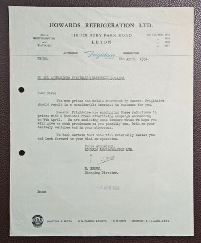 1954 Howards Refrigeration Ltd., Frigidaire, Bury Park Road, Luton Letter. - Picture 1 of 1
