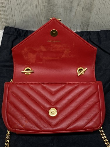 Yves Saint Laurent Sheepskin Matelasse Chevron Monogram College Chain Wallet Red - Picture 10 of 13